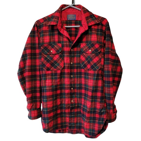 Pendleton Field Shirt Plaid Virgin Wool Button Up Red Green Size M Vintage - Picture 1 of 6